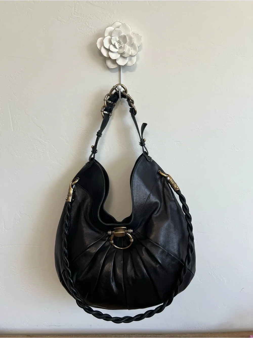 Authentic Ferragamo Black Butter Leather Hobo Shoulder Bag